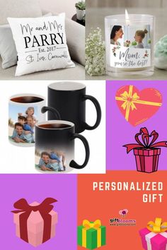 personalized gifts for mom and dad on mothers day, including coffee mugs with candles in them