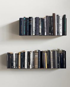 two bookshelves that have been placed on the wall to hold several different types of books