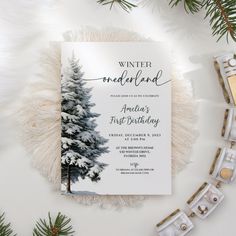 the winter wonderland wedding suite is on display in front of pine trees and snow - covered branches