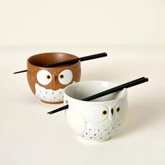 two bowls with chopsticks in them and an owl design on the top one