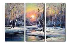 three paintings of trees in the snow near a river at sunset, one is painted with acrylic paint