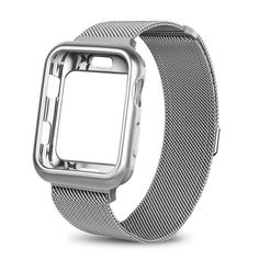 an image of a silver watch with mesh band on the wrist and white back ground