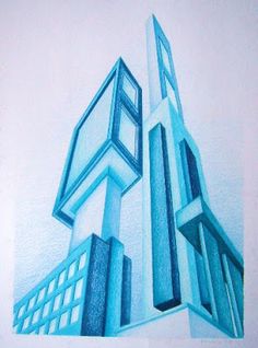 a drawing of two tall buildings in blue and white, against a light gray background