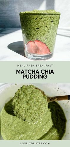 matcha pudding in a bowl with strawberries on top and the words matcha chia pudding above it