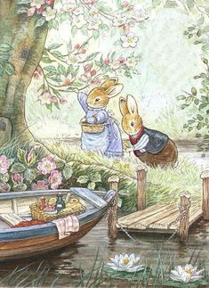 a painting of two rabbits in a boat on the water next to a tree and flowers