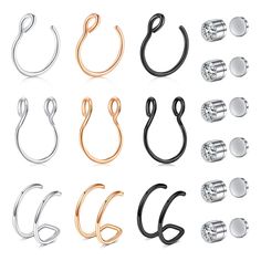 PRICES MAY VARY. Package: 3pcs fake nose ring, 3pcs fake septum nose ring, 3pcs nose cuffs for non pierced nose, 3 pairs clip on nose ring Size: Fake Nose Ring Hoop inner diameter: 5/16"(8mm); CZ size: 3mm; Convenient open design, good choice for your daily wearing Material: Made with high quality Surgical Stainless Steel, High Polished Smooth Surface, Comfortable to Wear Using: Surgical steel fake piercings can be worn on Ear, Lip, Nose; Used as fake nose ring, fake lip piercing, clip on nose r Fake Nose Piercing, Nose Ring Sizes, Nose Cuffs, Piercing Clip, Fake Nose Ring, Pierced Nose, Faux Septum, Fake Lips, Nose Ring Hoop