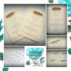 the wedding stationery is laid out on top of each other