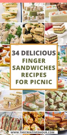 some sandwiches and sandwiches are shown with the words, 34 delicious finger sandwiches recipes for picnic