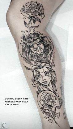 a woman's leg with tattoos on it and roses in the middle of her thigh