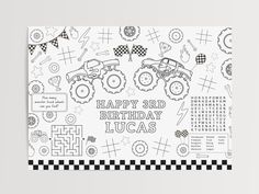 a black and white birthday card with monster trucks