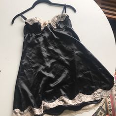 Never Worn Black Satin And Tan Lace Nightie Small. Built In Wire Bra Coquette Satin Sleepwear For Night Out, Black Satin Sleepwear With Lace Trim, Black Satin Sleepwear For Wedding Night, Black Satin Nightgown For Wedding Night, Black Satin Sleepwear For Loungewear, Black Satin Sleepwear For Lounging, Black Satin Party Nightgown, Black Coquette Nightgown For Bedtime, Black Coquette Nightgown For Sleep