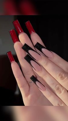 Red And Black Nail, Red Bottom Nails, Customized Nails, Long Square Nails, Tapered Square Nails, Black Acrylic Nails, Red Acrylic Nails, Tapered Square, Colored Acrylic Nails