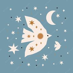 a white bird flying in the sky with stars