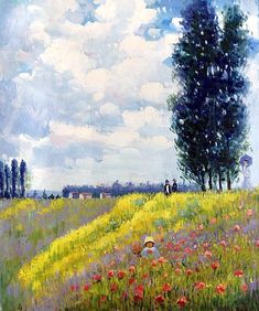 an oil painting of a field with flowers and people in the distance on a cloudy day