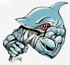 an image of a cartoon shark with his arm wrapped around the wrist and mouth open