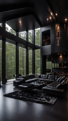 Dark luxury house in a forest Forest Luxury Home, Dark Green House Aesthetic Modern, Mansion Living Room Dark, Dark House Aesthetic Living Room, Black House Ideas Interior, Black Luxury House Aesthetic, Modern Dark House Design, Dark Modern House Living Room, Mysterious House Aesthetic