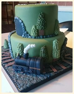 there is a train cake on the table