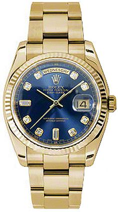 118238 ROLEX DAY-DATE MEN'S OR WOMEN'S LUXURY WATCH Store Display Model (What's This?) - Free Overnight Shipping - With Manufacturer Serial Numbers - Swiss Made - Blue Dial Set with Diamonds - 10 Diamonds Set on Dial - Solid 18k Yellow Gold Fluted Bezel - Day and Date Features - Self-winding Automatic Chronometer Movement - 6 Year Warranty - Guaranteed Authentic - Certificate of Authenticity - Manufacturer Box & Manual - Solid 18k Yellow Gold Case & Oyster Bracelet - Scratch Resistant Sapphire Crystal - 100 Meters / 330 Feet Waterproof - 36mm = 1 1/3" Case, 6.5" Adjustable Bracelet - Deployment Buckle - Screw Down Crown & Caseback - Free Bracelet Sizing     Also Known As Model # 118238 BLUDFO Rolex Men, Womens Watches Luxury, Rolex Oyster Perpetual, Free Bracelet, Luxury Products, Rolex Day Date, Gold Case, Blue Diamond, Luxury Watch