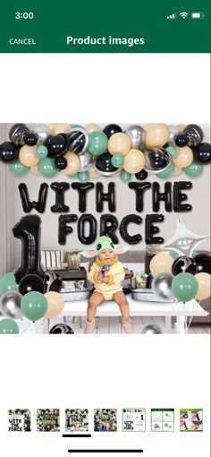 a baby is sitting on a table with balloons in the air and an image of a force