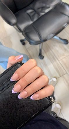 nails Almond Nails Color Ideas French Tip, Cute Basic French Tip Nails, Oval Shaped Acrylics, Light Purple Almond French Tip Nails, Lilac Tip Acrylic Nails, Almond Lilac French Tip Nails, Lavender Oval Acrylic Nails, Lilac Nail Inspo Almond, Nail Ideas Almond Shape Short