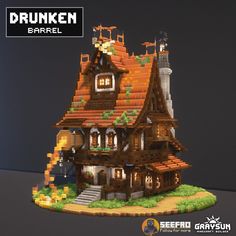 an image of a house made out of legos on display with the words drunken barrel above it