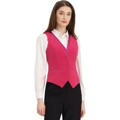 Pair with the solid color blouse or ruffle neck shirt for a casual business style. In this vintage solid color velvet fabric design, this vest is classic and timeless for your daily outfits. Classic OL style, fit for office and other formal occasions. Retro contrast satin with velvet can show your elegance and more charming, making you look more and more capable. Hot Pink Shirt Outfit, Draculaura Halloween, Velvet Waistcoat, Steampunk Vest, Pink Vest, Color Blouse, Business Style, Refashion Clothes, Vintage Velvet