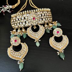 Ruby Pink Kundan Choker/ Ruby Beads Vintage Choker/ Kundan Emerald Necklace/ Bridal Kundan Choker Necklace/ Indian Wedding Jewelry Traditional Kundan Ruby Emerald Choker Necklace Set Handcrafted To Perfection Light Weight Jewelry Perfect For Indian Weddings And Celebrations Necklace- Adjustable String Fitting Earrings: Approx. 2.85 Inches long Earrings come with push back closure 22 Karat Gold plated Choker Traditional Jeweled Bridal Necklace For Ceremonial Occasion, Heavy Bridal Necklace With Round Beads For Wedding, Bridal Necklace With Stone Work For Wedding, Wedding Bridal Necklace With Stone Work And Round Beads, Jeweled Round Beads Necklace For Wedding, Jeweled Round Beads Necklaces For Wedding, Wedding Bridal Necklace With Round Stone Beads, Jeweled Kundan Necklace With Round Beads For Wedding, Ceremonial Kundan Beaded Bridal Necklace