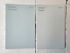 two different shades of gray paint on the wall next to each other, one is white and the other is light blue