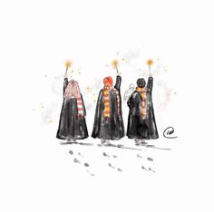 three people dressed in black robes and holding torches