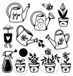 a set of hand drawn gardening related items such as watering can, potted plants and watering hoses