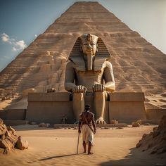 a man standing in front of an egyptian pyramid