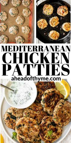 some chicken patties are on a white plate with lemon wedges, and the words mediterraneanan chicken patties above them