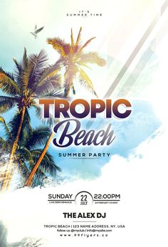 a flyer for a tropical beach party with palm trees and the words tropic beach