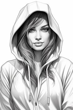 Black and white sketch of a young woman in a hoodie