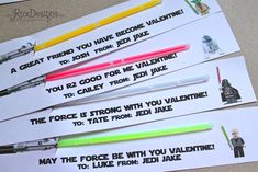 star wars valentine cards with legos and darth vader pencils on them