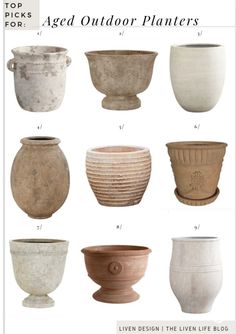 several different types of vases with the words aged outdoor planters written below them