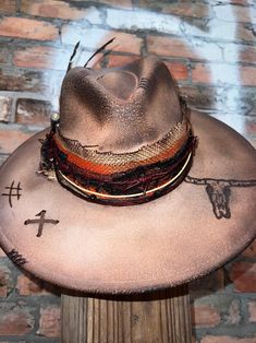 Custom Handmade Hats For Western-themed Events, Custom Flat Brim Straw Hat For Rodeo, Custom Flat Brim Fedora For Western-themed Events, Custom Brown Hat Bands, Handmade Hats For Western-themed Events, Custom Brown Hat Bands, One Size Fits Most, Custom Fedora For Western-themed Events, Brown Artisan Hat With Short Brim, Artisan Brown Hat With Short Brim