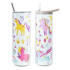 two white cups with unicorns and stars on them, one has a straw in it