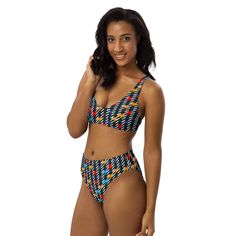 It’s too easy to fall in love with this bikini set. Removable pads and its double-layer make it comfy to wear all day by the pool or at the beach. • Fabric composition in the EU: 88% recycled polyester, 12% elastane • Fabric weight in the EU (may vary by 5%): 6.78 oz/yd² (230 g/m²) • Fabric composition in MX: 81% REPREVE recycled polyester, 19% LYCRA XTRALIFE • Fabric weight in MX (may vary by 5%): 7.52 oz/yd² (255g/m²) • Double-layered and non-reversible • Removable padding • Tear-away care label • Zig-zag stitching • Blank product components in the EU sourced from Spain, Germany, Taiwan, Vietnam, Cambodia, and Lithuania • Blank product components in MX sourced from Colombia, Taiwan, and ChinaSize guide CHEST (inches) WAIST (inches) HIPS (inches) XS 33 ⅛ 25 ¼ 35 ⅜ S 34 ⅝ 26 ¾ 37 M 36 ¼ 28 Retro High Waist Swimwear For Vacation, Retro High-waist Swimwear For Vacation, Beach Fabric, Elastane Fabric, Care Label, The Pool, Zig Zag, Cambodia, At The Beach