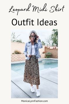 MLF wearing leopard midi skirt; check out these four ways to style a leopard-print midi skirt. Found it on Amazon! Styling A Leopard Print Skirt, Pleated Leopard Skirt Outfit, Leopard Pleated Skirt Outfit, Leopard Skirt Outfits, Leopard Print Skirt Outfit Summer