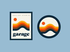 an orange and yellow logo with the word garage on it in front of a blue background