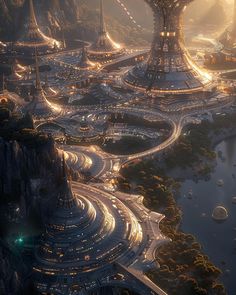 an aerial view of a futuristic city in the middle of a mountain range at night