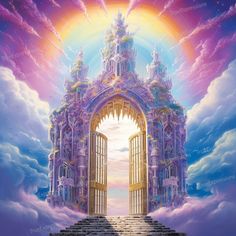 an open doorway leading to the sky with colorful clouds and rainbows in the background