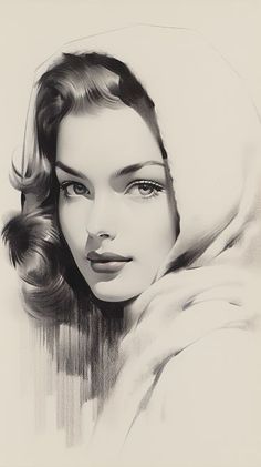 a black and white drawing of a woman's face with a scarf over her head