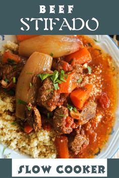 A plate with couscous and beef stifado. Leftover Beef Stew, Greek Beef Stew, Beef Stifado, Greek Beef, Beef Chunks, Leftover Beef, Quick And Easy Appetizers, Slow Cooked Meals