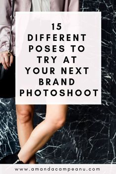 a woman holding a black purse with the words 15 different poses to try at your next photo shoot