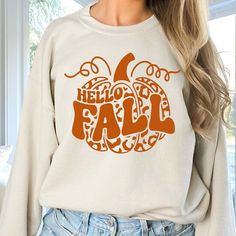 Hello Fall Leopard Pumpkin Sweatshirt - Limeberry Designs White Fun Sweater For Fall, Fun White Sweater For Fall, Fun Fall Top With Letter Print, Fun Letter Print Top For Fall, Fun Letter Print Tops For Fall, White Graphic Print Sweater For Fall, Cute Relaxed Fit Sweatshirt For Fall, Cute Fall Letter Print Sweatshirt, Cute Letter Print Sweatshirt For Fall