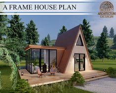 a frame house plan is shown in the middle of a field with trees and grass