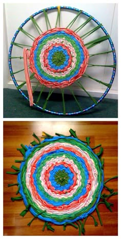 two pictures of a colorful rug on the floor and in front of a wheel with green leaves