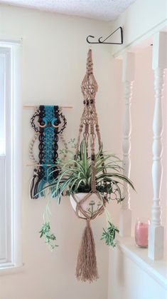 there is a plant hanging on the wall next to some other plants and decorations in this room